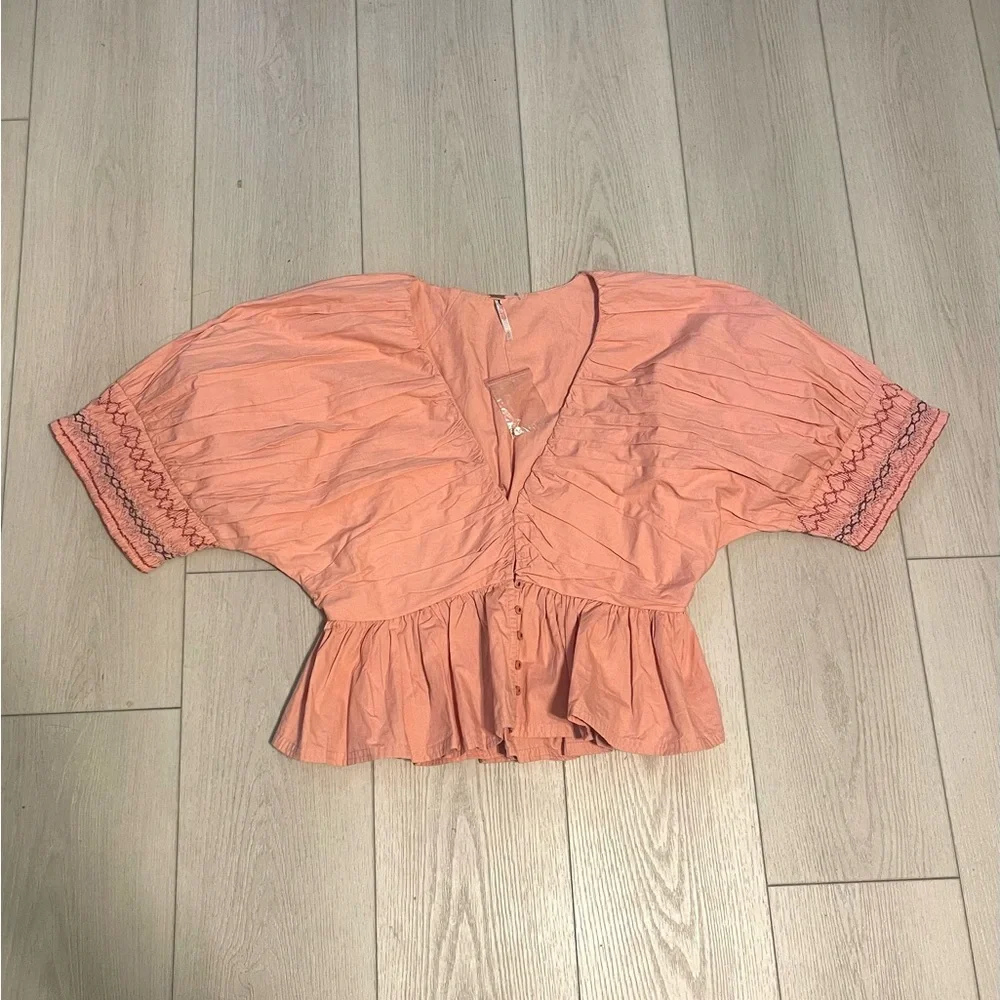 Free People Where We Meet Smocked Embroidered Cotton Cropped Blouse Sz‎ S boho
